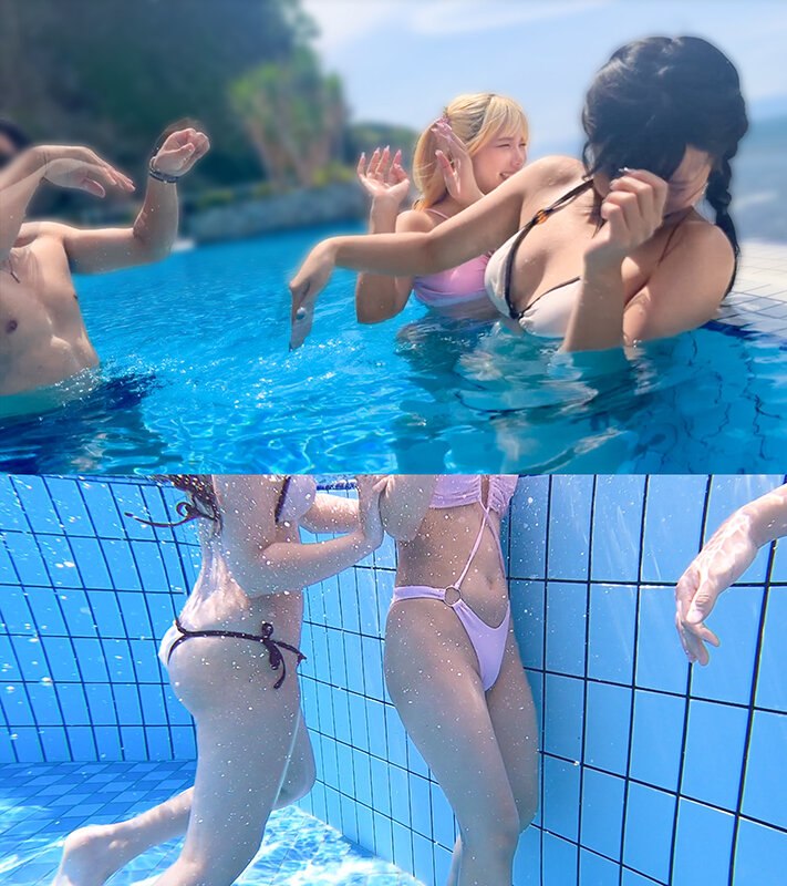 【夏に輝く美尻っ娘×2と酒浴び暴走乱パ】プール旅行を楽しむ童顔キュートな金髪ギャル＆黒髪痴女と3P中出しパーティー開催☆親友だから酒漬けチ●ポも仲良くシェア♪互いの体でオナり合うほど友情深い2人の穴をヌルぐちゃローテハメ食らい！！気づけば8月終盤…夏最後の… - サンプル画像 - 1