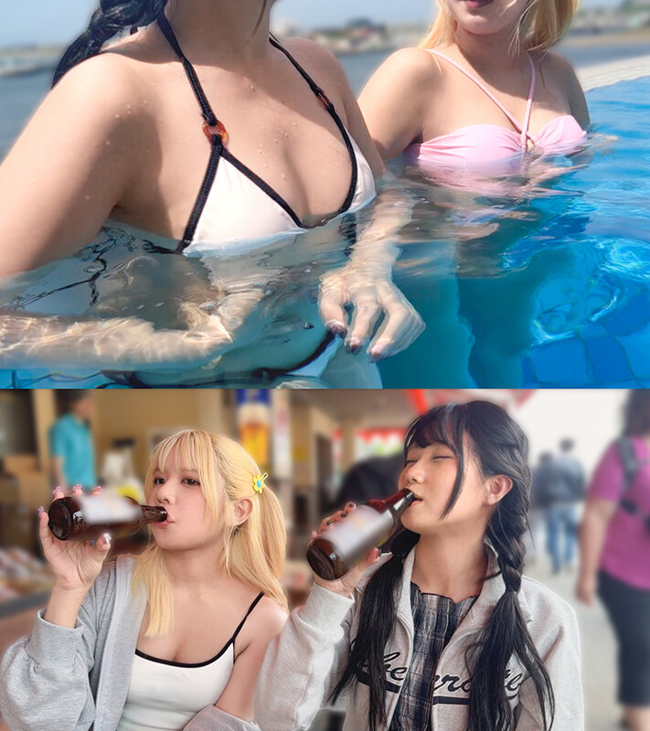 【夏に輝く美尻っ娘×2と酒浴び暴走乱パ】プール旅行を楽しむ童顔キュートな金髪ギャル＆黒髪痴女と3P中出しパーティー開催☆親友だから酒漬けチ●ポも仲良くシェア♪互いの体でオナり合うほど友情深い2人の穴をヌルぐちゃローテハメ食らい！！気づけば8月終盤…夏最後の… - サンプル画像 - 2
